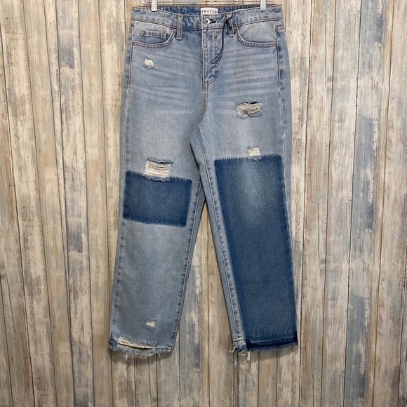 FRAYED High Rise Ankle Straight Color Block Two Tone Jeans | Size 29  NWOT - Picture 2 of 15